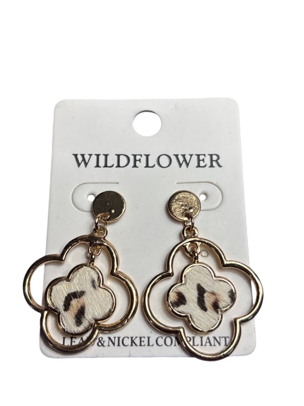 Wildflower Goldtone Flower Dangle Earrings Faux Calf Hair Leopard Print 1.75 New